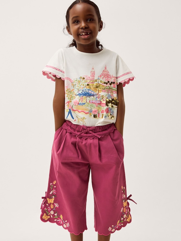 Monsoon Pink Floral Embroidered Scallop Trim Trousers - Image 1 of 3