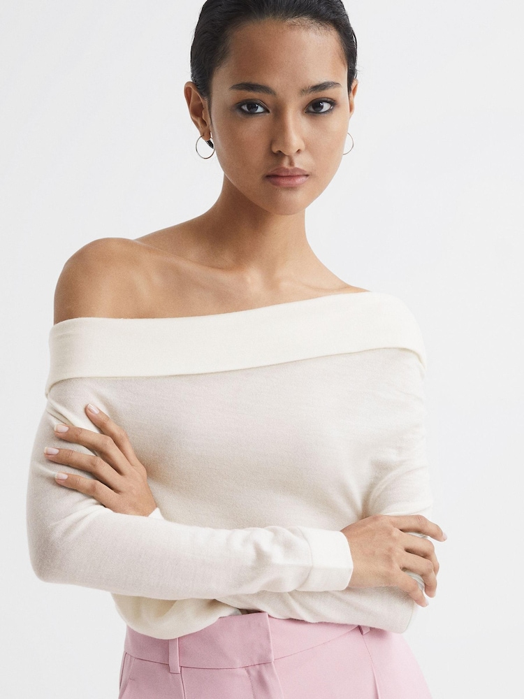 Reiss Cream Gracey Off Shoulder Wool Top - Image 1 of 6