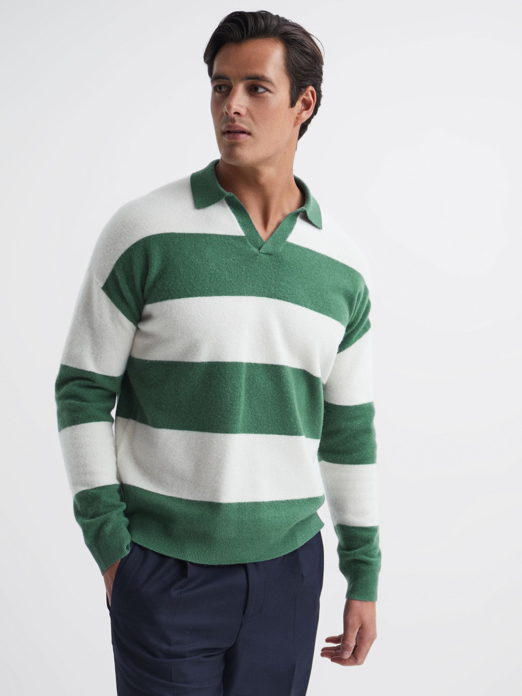 Buy Reiss Pine Green/Ecru Port Striped Wool Rugby Shirt from
