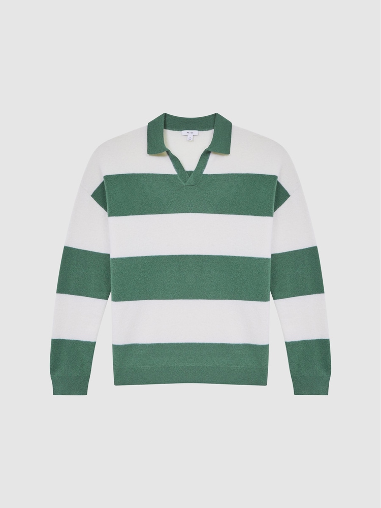 Reiss Pine Green/Ecru Port Striped Wool Rugby Shirt - Image 2 of 6
