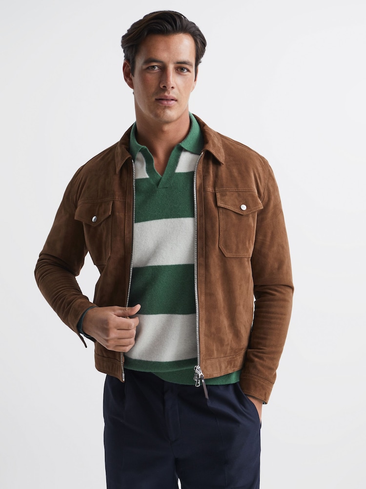 Reiss Pine Green/Ecru Port Striped Wool Rugby Shirt - Image 6 of 6