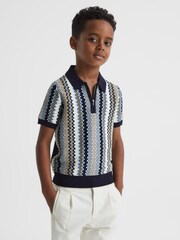 Reiss Navy Redbourne Senior Half-Zip Knitted Polo Shirt - Image 1 of 6