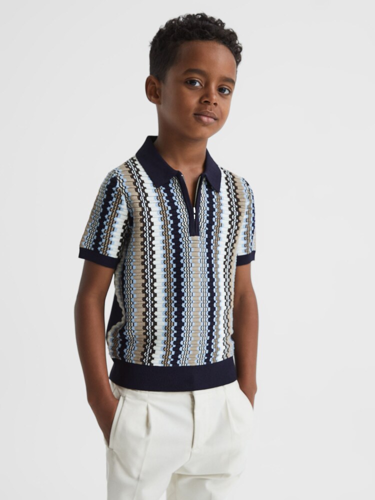 Reiss Navy Redbourne Senior Half-Zip Knitted Polo Shirt - Image 1 of 6
