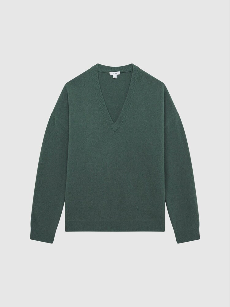 Reiss Pine Green Spires Merino V-Neck Relaxed Jumper - Image 2 of 7