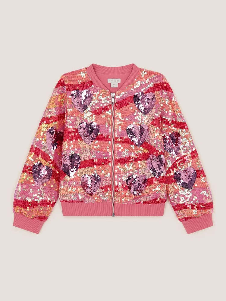 Monsoon Pink Sequin Heart Bomber Jacket - Image 1 of 2