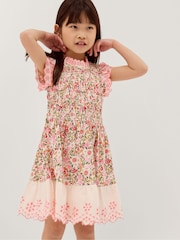 Monsoon Pink Floral Broderie Smocked Jersey Dress - Image 1 of 4