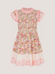 Monsoon Pink Floral Broderie Smocked Jersey Dress - Image 2 of 4