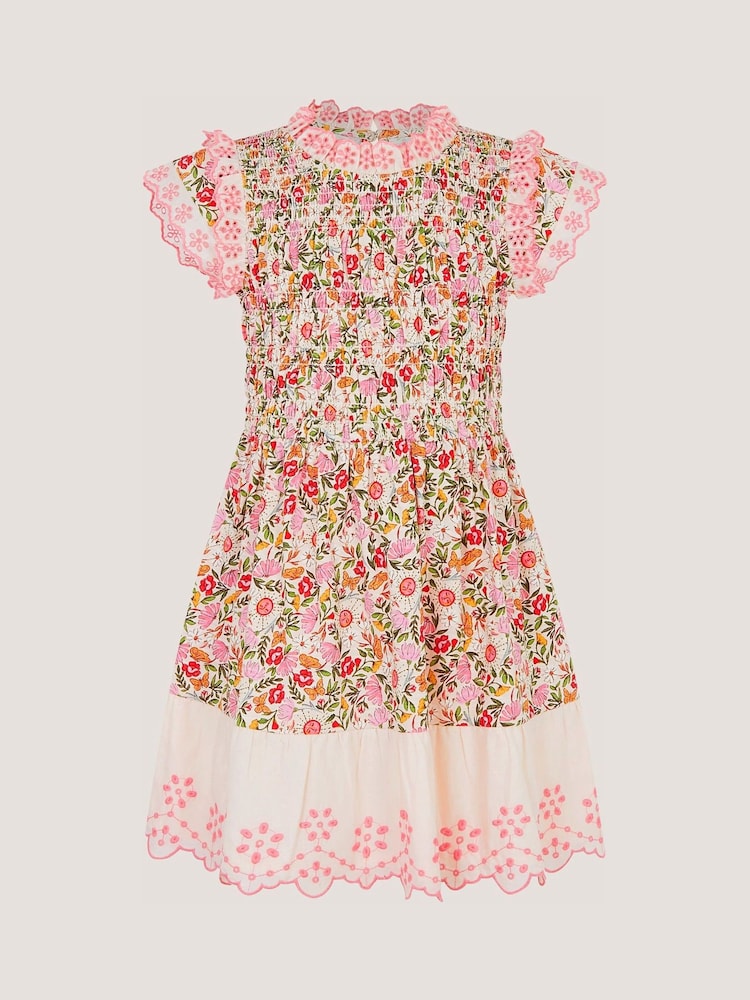 Monsoon Pink Floral Broderie Smocked Jersey Dress - Image 2 of 4 Monsoon Pink Floral Broderie Smocked Jersey Dress - Image 2 of 4