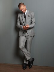 Grau - Signature Empire Mills Anzug aus 100 % Wolle in Slim Fit mit Hahnentrittmuster: Hose - Bild 4 von 9