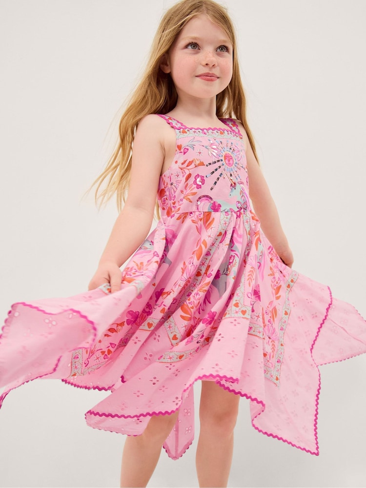 Monsoon Pink Unicorn Print Hanky Hem Dress - Image 1 of 4 Monsoon Pink Unicorn Print Hanky Hem Dress - Image 1 of 4