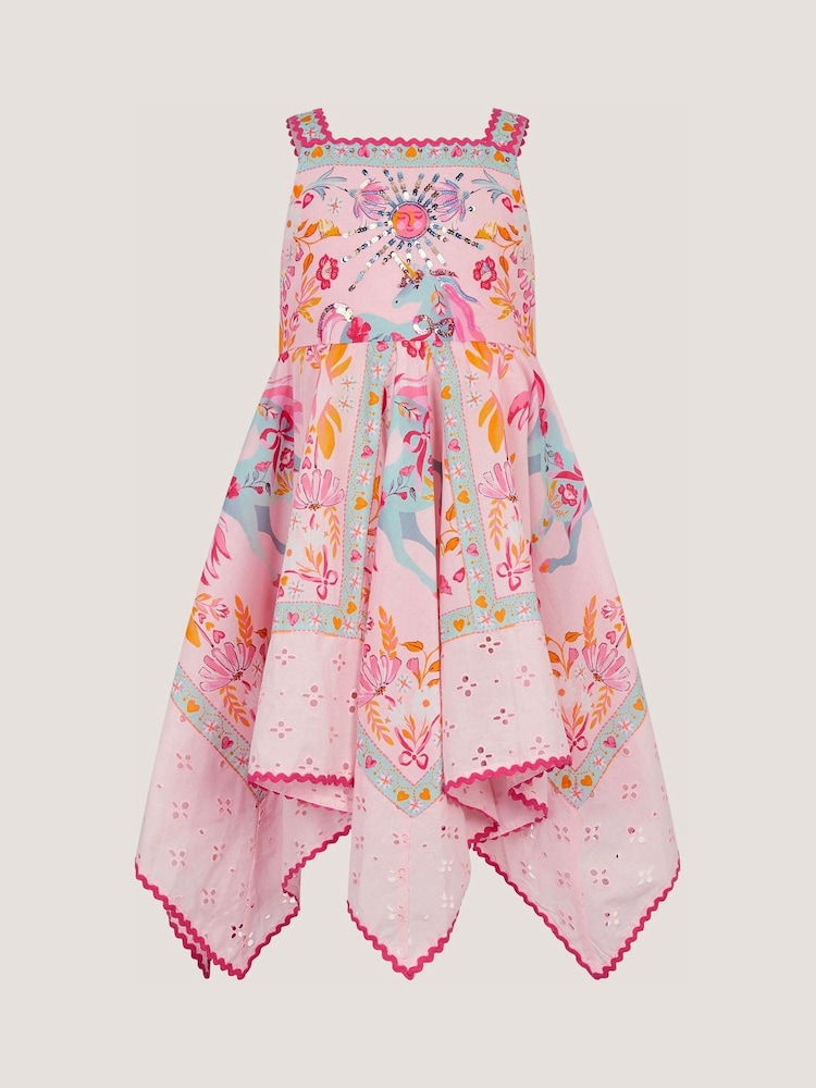 Monsoon Pink Unicorn Print Hanky Hem Dress - Image 2 of 4 Monsoon Pink Unicorn Print Hanky Hem Dress - Image 2 of 4