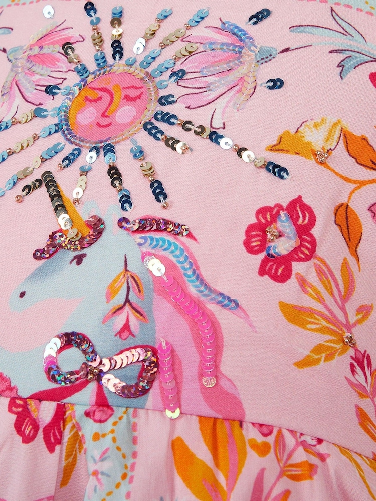 Monsoon Pink Unicorn Print Hanky Hem Dress - Image 4 of 4 Monsoon Pink Unicorn Print Hanky Hem Dress - Image 4 of 4