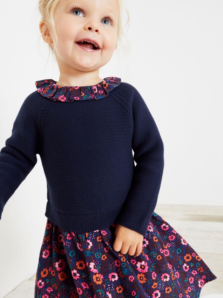 Navy Woven Knit Mix Dress (3mths-7yrs) - Image 1 of 5