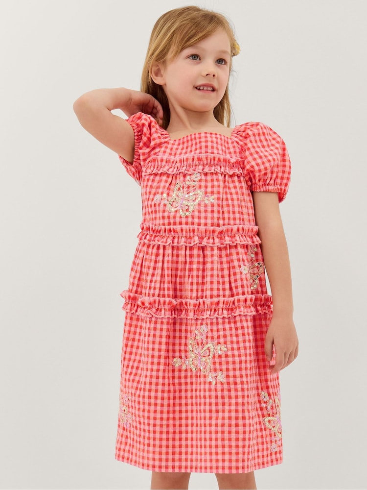 Monsoon Pink Sequin Butterfly Gingham Dress - Image 1 of 3 Monsoon Pink Sequin Butterfly Gingham Dress - Image 1 of 3