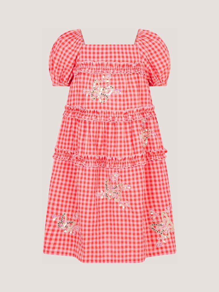 Monsoon Pink Sequin Butterfly Gingham Dress - Image 2 of 3 Monsoon Pink Sequin Butterfly Gingham Dress - Image 2 of 3