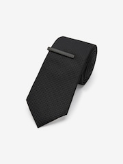 Black Slim Textured Tie And Clip Set - Image 1 of 3
