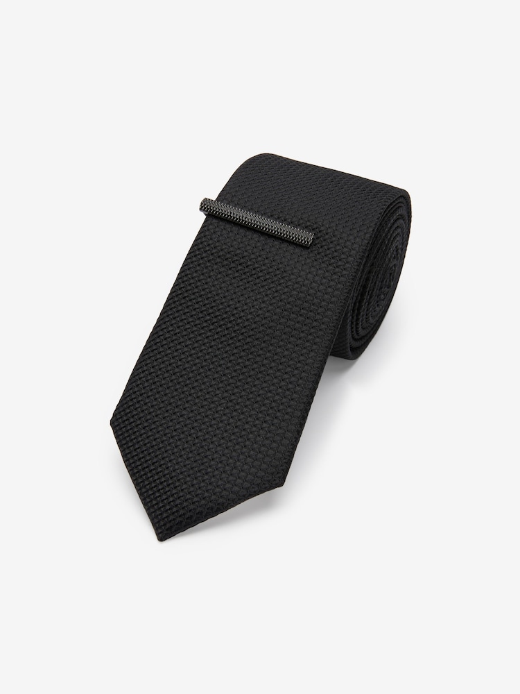 Black Slim Textured Tie And Clip Set - Image 1 of 3