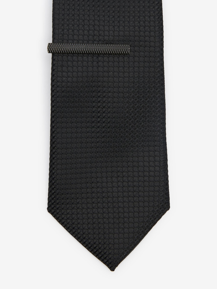 Black Slim Textured Tie And Clip Set - Image 2 of 3