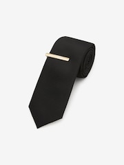 Black/Gold Slim Textured Tie And Clip Set - Image 1 of 3