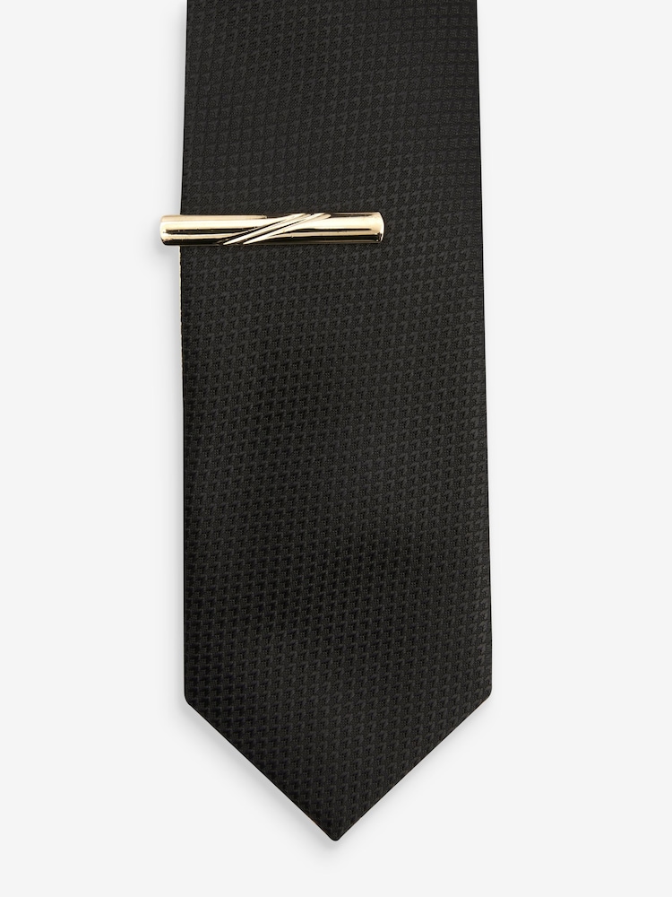 Black/Gold Slim Textured Tie And Clip Set - Image 3 of 3