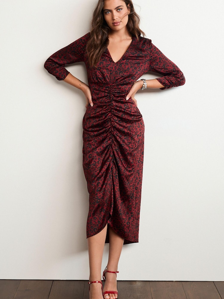 Red Animal Satin Ruched Front Midi Dress - Image 1 of 1