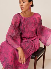 Bright Pink Floral Long Flared Sleeve Pleated Midi Dress - Image 1 of 5