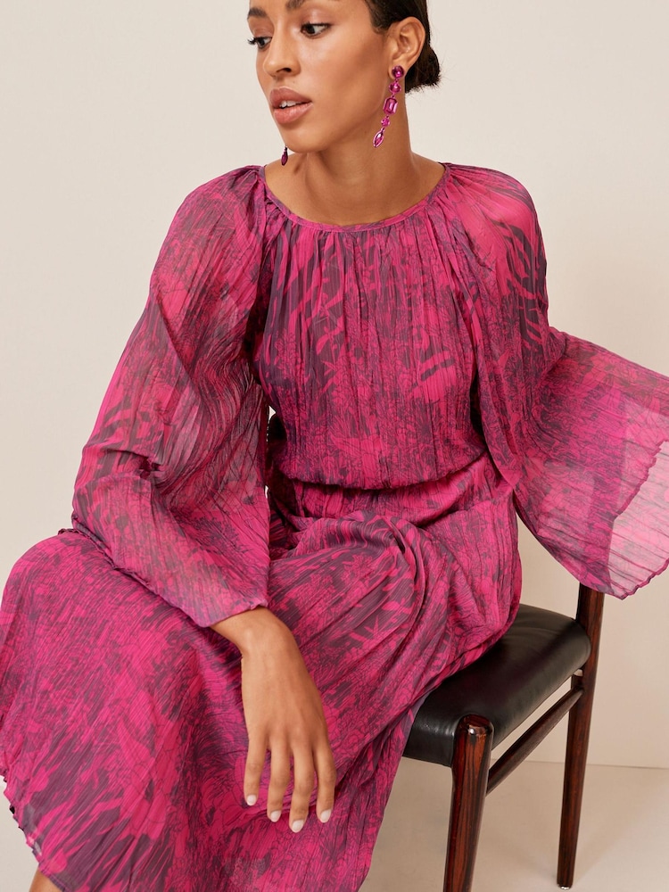 Bright Pink Floral Long Flared Sleeve Pleated Midi Dress - Image 1 of 5