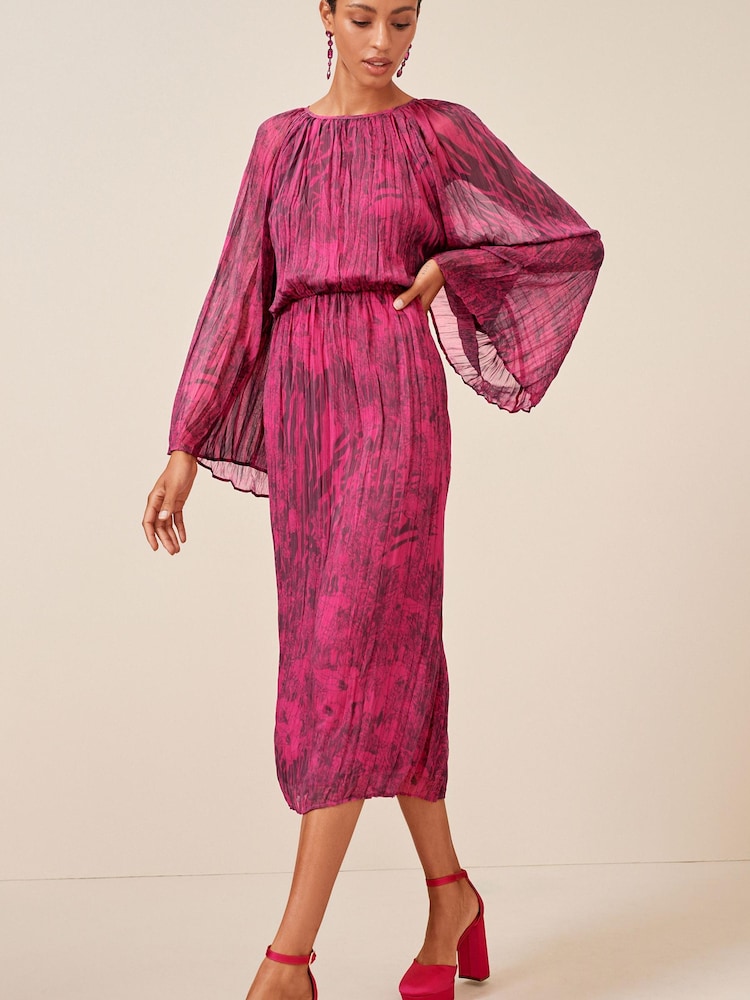 Bright Pink Floral Long Flared Sleeve Pleated Midi Dress - Image 2 of 5