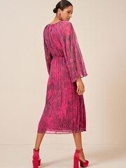 Bright Pink Floral Long Flared Sleeve Pleated Midi Dress - Image 3 of 5