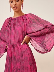Bright Pink Floral Long Flared Sleeve Pleated Midi Dress - Image 4 of 5