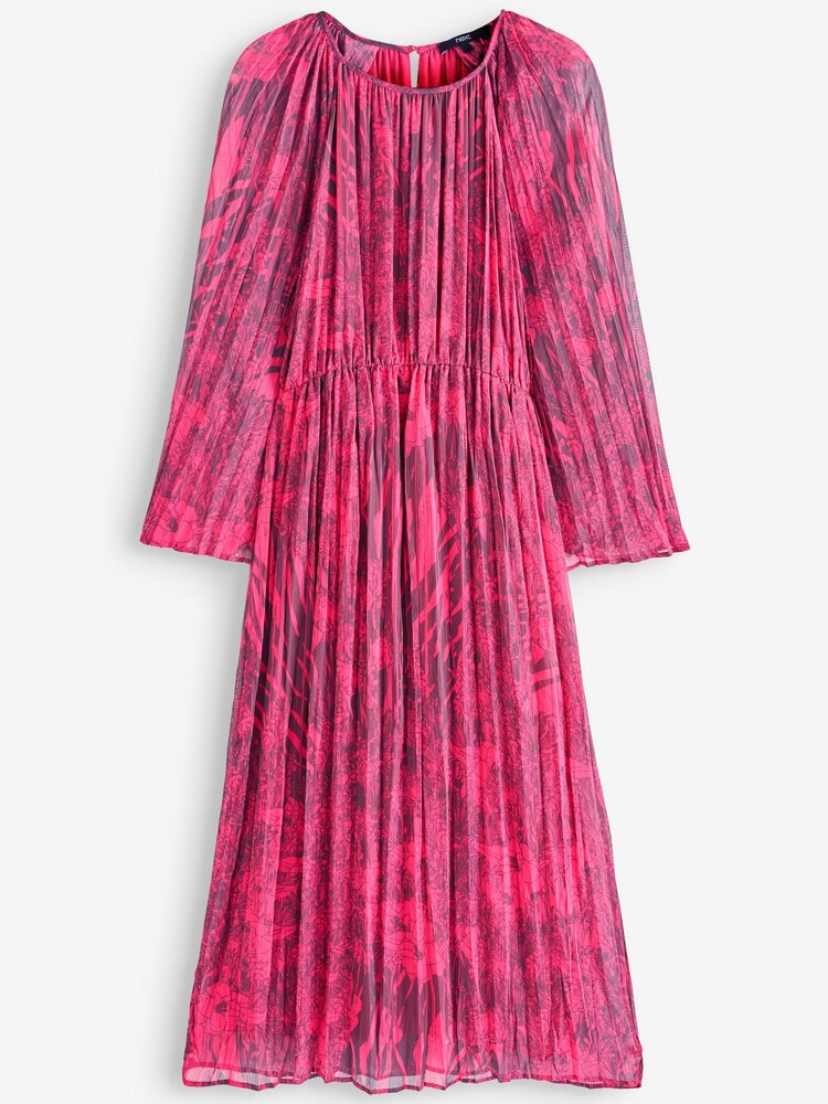 Bright Pink Floral Long Flared Sleeve Pleated Midi Dress - Image 5 of 5