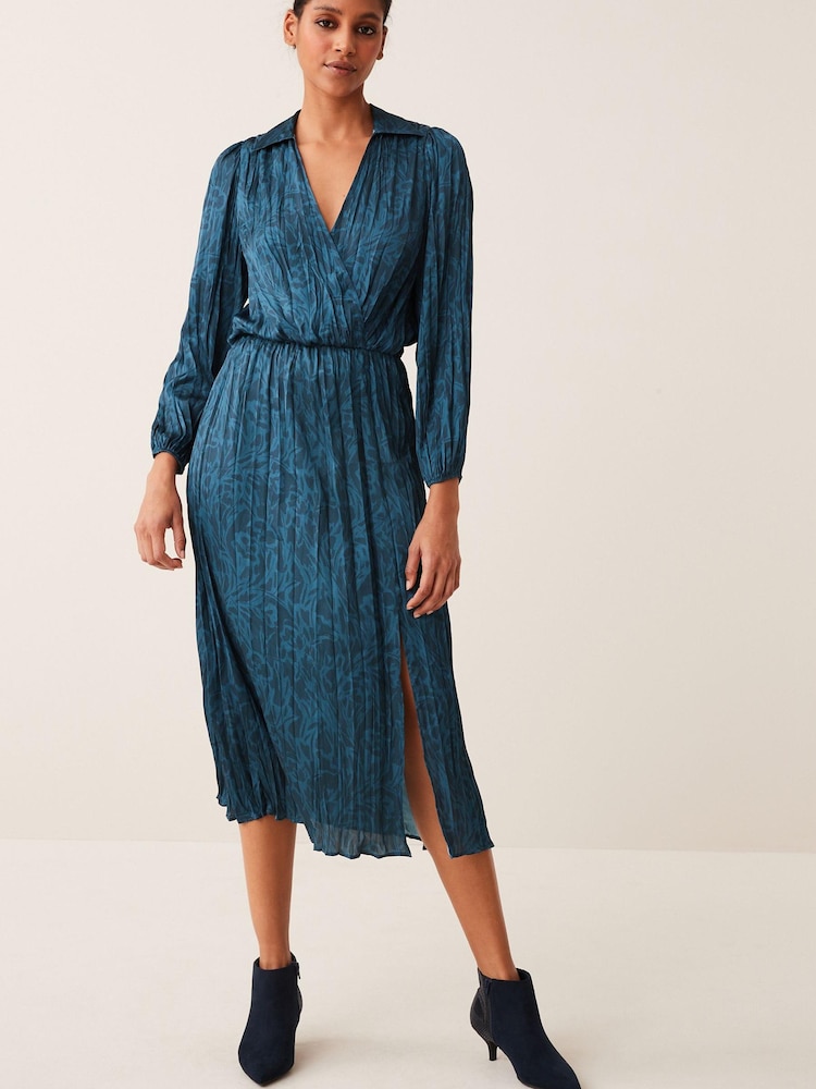 Navy Blue Floral Print Satin Wrap Midi Dress - Image 2 of 5 Navy Blue Floral Print Satin Wrap Midi Dress - Image 2 of 5