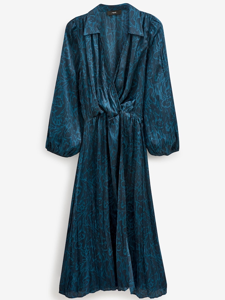Navy Blue Floral Print Satin Wrap Midi Dress - Image 5 of 5 Navy Blue Floral Print Satin Wrap Midi Dress - Image 5 of 5