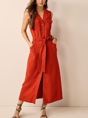 Rostbraun - Ärmelloses, geknöpftes Kleid mit Gürtel - Bild 1 von 4