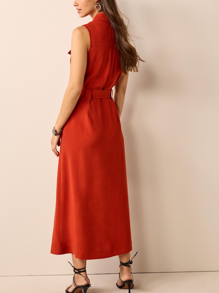 Rostbraun - Ärmelloses, geknöpftes Kleid mit Gürtel - Bild 2 von 4