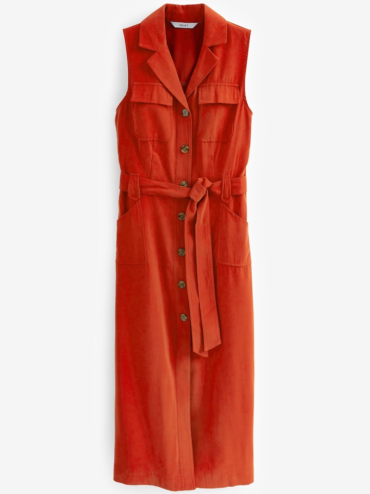 Rostbraun - Ärmelloses, geknöpftes Kleid mit Gürtel - Bild 4 von 4