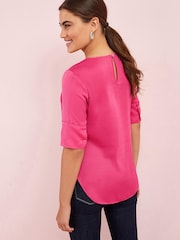 Bright Pink Curved Hem Satin Formal T-Shirt Top - Image 1 of 4