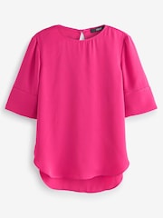 Bright Pink Curved Hem Satin Formal T-Shirt Top - Image 4 of 4