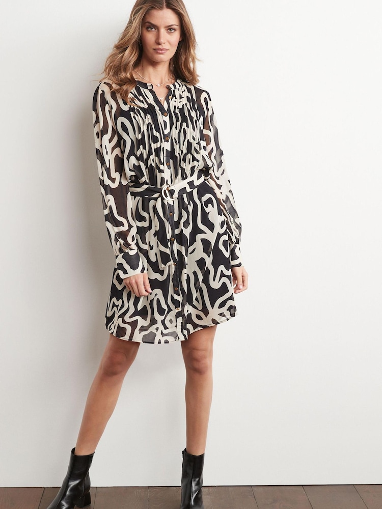 Monochrome Swirl Print Pintuck Belted Mini Dress - Image 2 of 3