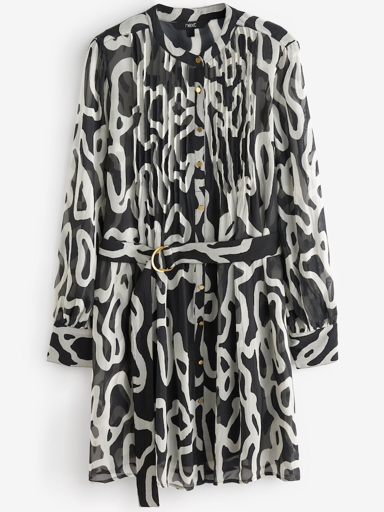 Monochrome Swirl Print Pintuck Belted Mini Dress - Image 3 of 3