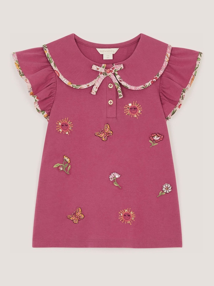 Monsoon Pink Floral Embroidered Cotton T-Shirt - Image 2 of 3 Monsoon Pink Floral Embroidered Cotton T-Shirt - Image 2 of 3