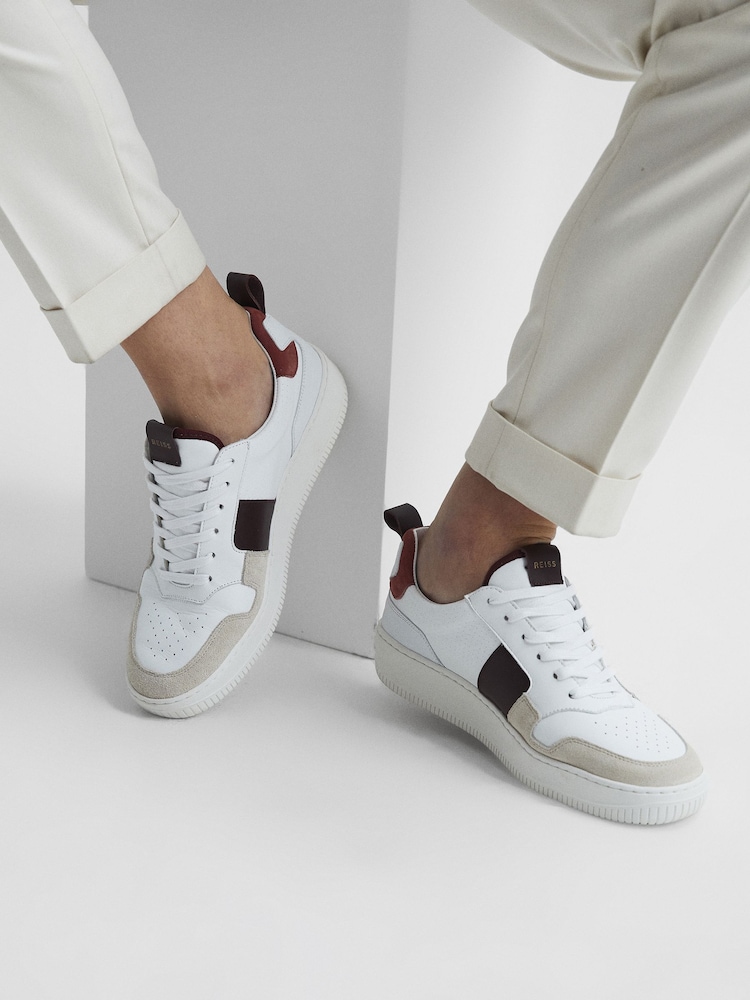 Reiss White Bordeaux Mix Aira Mid Top Leather Trainers - Image 2 of 8