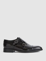 Reiss Black Rivington High Shine Leather Monk Strap Shoes - Image 1 of 7