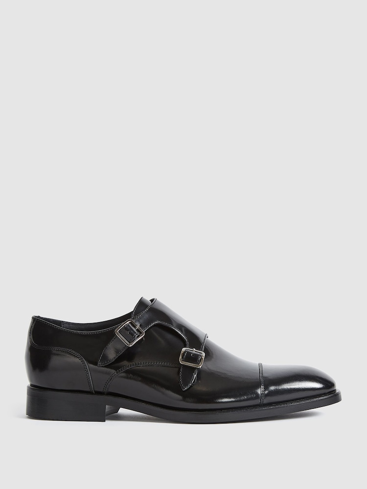Reiss Black Rivington High Shine Leather Monk Strap Shoes - Image 1 of 7