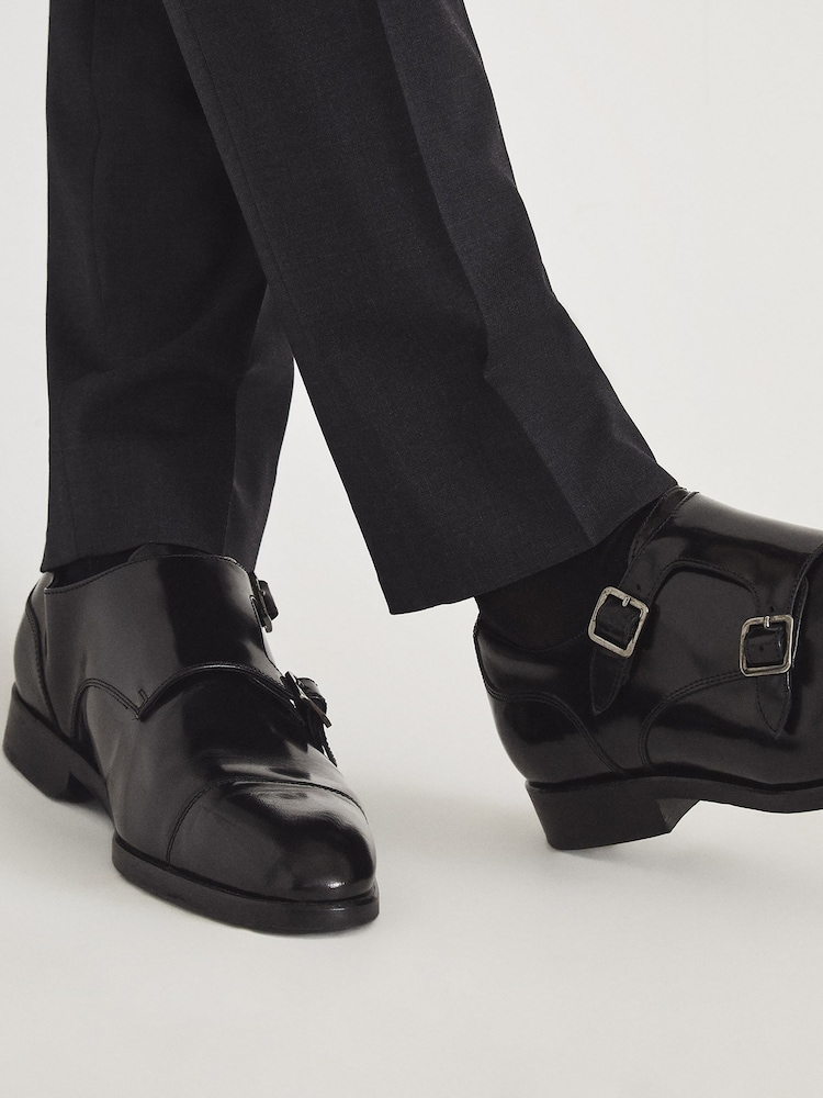 Reiss Black Rivington High Shine Leather Monk Strap Shoes - Image 7 of 7