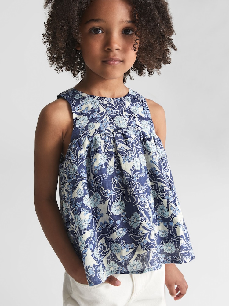 Reiss Blue Print Elsbeth Junior Printed Linen Top - Image 1 of 8