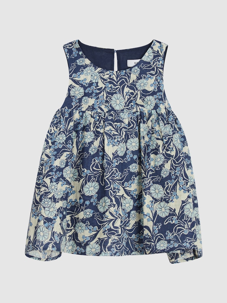 Reiss Blue Print Elsbeth Junior Printed Linen Top - Image 2 of 8