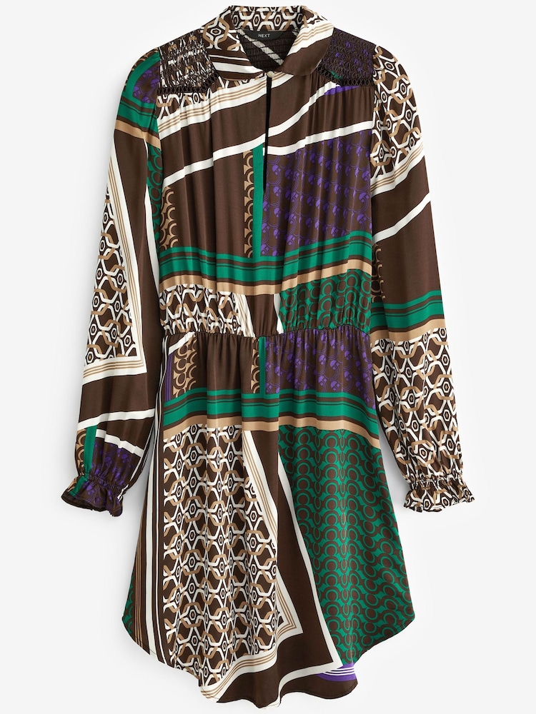 Black Abstract Patch print Shirred Shoulder Mini Dress - Image 2 of 2