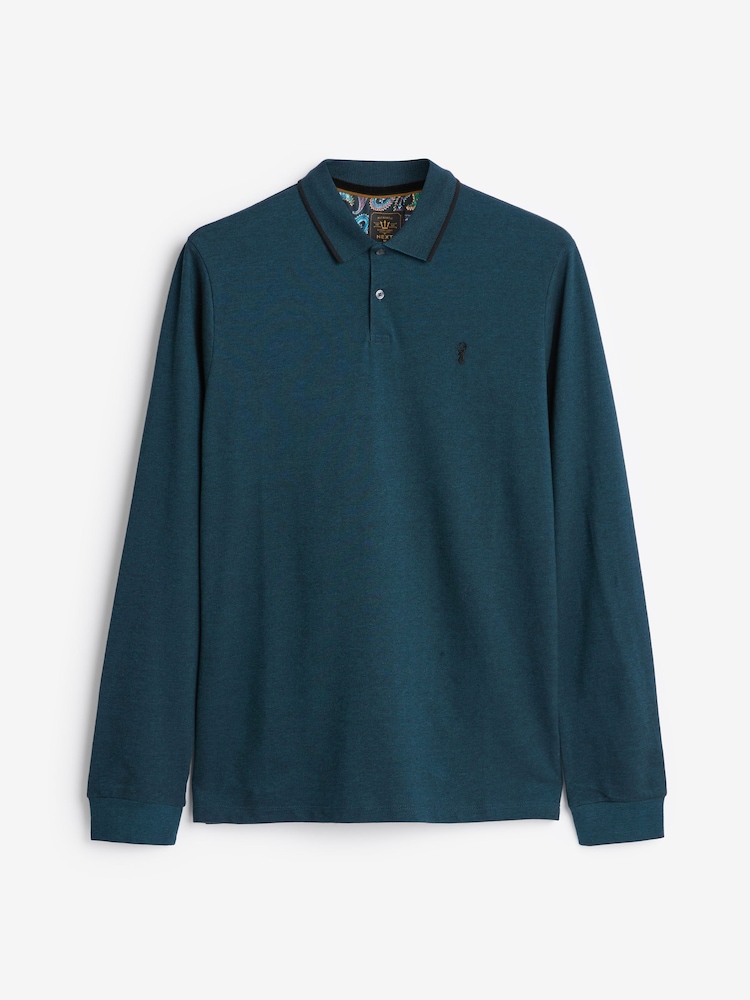 Teal Blue Oxford Long Sleeve Pique Polo Shirt - Image 5 of 5