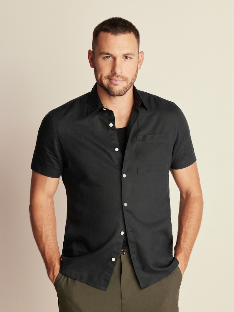 Black Standard Collar Linen Blend Short Sleeve Shirt - Image 1 of 8